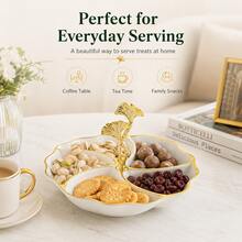 1pc Elegant Gold Rim 4-Compartment Dessert Plate, PS Plastic Divided Fruit Tray With Ginkgo Leaf Handle, Home Gathering Candy & Nut Serving Dish - Multicolor - View 7