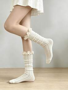 1/2 Pairs Spring/Summer Thin Sweet Lace Ruffle Bow Soft Knit Mid-Calf Socks - Multicolor - View 8