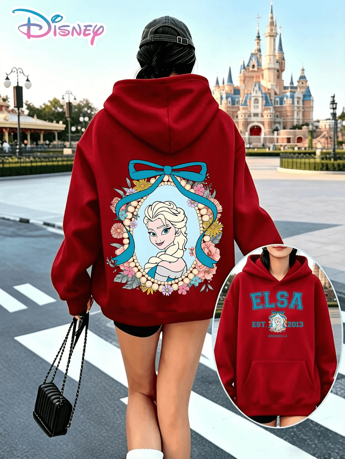Disney Frozen Elsa Bow Pearl Floral Framed Printed Hoodie With "Elsa Arendelle EST.2013" Slogan. A Relaxed, Casual, And Versatile Top, Perfect For Holiday Gifting. (Women's Autumn/Winter Clothing/Elegant Women's Outfits/Patterned Hoodies/Printed Tops/Casual Outfits For Ice‑Princess‑Themed Daily Wear) - Đỏ - Xem 1