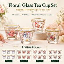 6pcs/12pcs Gold Rim Floral Glass Tea Cups, Clear Moonlight Red Tea Cup Set, Elegant Floral Tea Set For Home Tea Party - Floral Black Tea Cup - View 3