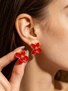 18K Gold-Plated Stainless Steel Four Light Flower Earrings, Elegant Flower Shaped Earrings, Personalized Earrings, Retro Bohemian Style Earrings. Four Leaf Flower Shaped Heart-Shaped Earrings. 304 Hypoallergenic Material, Cute Accessory, Suitable For Women's Daily Wear. Perfect Fashion Jewelry - Multicolor - View 6