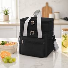 1 Piece Double Compartment Thermal Lunch Bag, Waterproof Oxford Cloth Portable Lunch Box With Adjustable Strap, Keeps Food Cold And Hot, Water Resistant Aluminum Lining, Ideal For Work, School, Picnic, Camping And Travel, Available In Various Colors - 黑色 - 查看 1