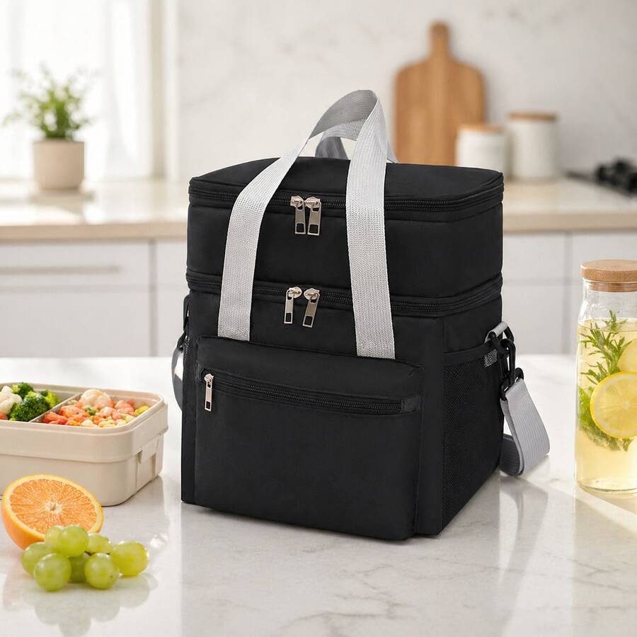 1 Piece Double Compartment Thermal Lunch Bag, Waterproof Oxford Cloth Portable Lunch Box With Adjustable Strap, Keeps Food Cold And Hot, Water Resistant Aluminum Lining, Ideal For Work, School, Picnic, Camping And Travel, Available In Various Colors - 黑色 - 查看 1