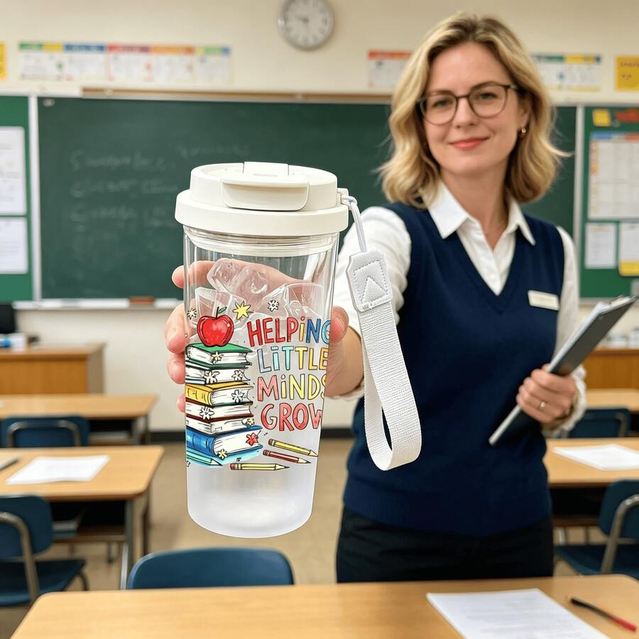 1/5pcs 500ml Plastic Teacher-Themed Cup With Straw, Strap And Leak-Proof Lid, Featuring "Help Kids Grow" Text, Book Stack And Apple Graphics, Transparent Iced Coffee Cup, Ideal For Daily Use, Great Teacher's Day Gift For Educators - Multicolored - Piled-up Books - View 1