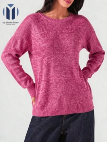 Suéter Casual de Punto Ligero para Mujer: Cuello Redondo y Estilo Relajado - Ideal para Otoño e Invierno - Rosa Roja - Ver 4