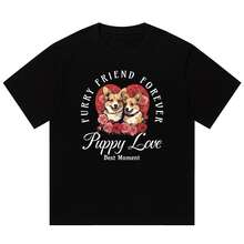 Boy's Heavy Duty American Style Short Sleeve T-Shirt With Puppy Print 280G For Men And Women, Summer Style, Loose Fit, Pure Cotton. - 黑色 - 查看 12