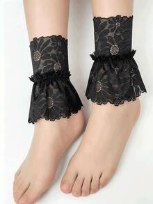 2/4 Lapisan Ganda Ruffle Lace Ankle Decor, Sweet Floral Sheer Leg Sleeves, Lolita Style Women's Black/White Lace Leg Rings, Ruffle Floral Ankle Leg Warmers, Decorative Foot Wraps Suitable For JK Uniforms And Dresses - MultiWarna - View 6