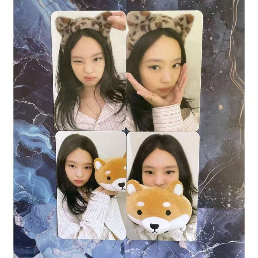 4张Jennie Ruby Lomo卡片,Jennie明星卡片套装,高清偶像收藏照片卡片明信片,可爱小狗豹纹发箍风格粉丝周边礼品 - 彩色 - 查看 1