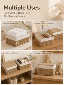 1pc/3pcs Multipurpose Storage Basket, Entryway Tabletop Organizer Box For Snacks, Cosmetics, Home Use Retro Woven Basket - Khaki - View 4