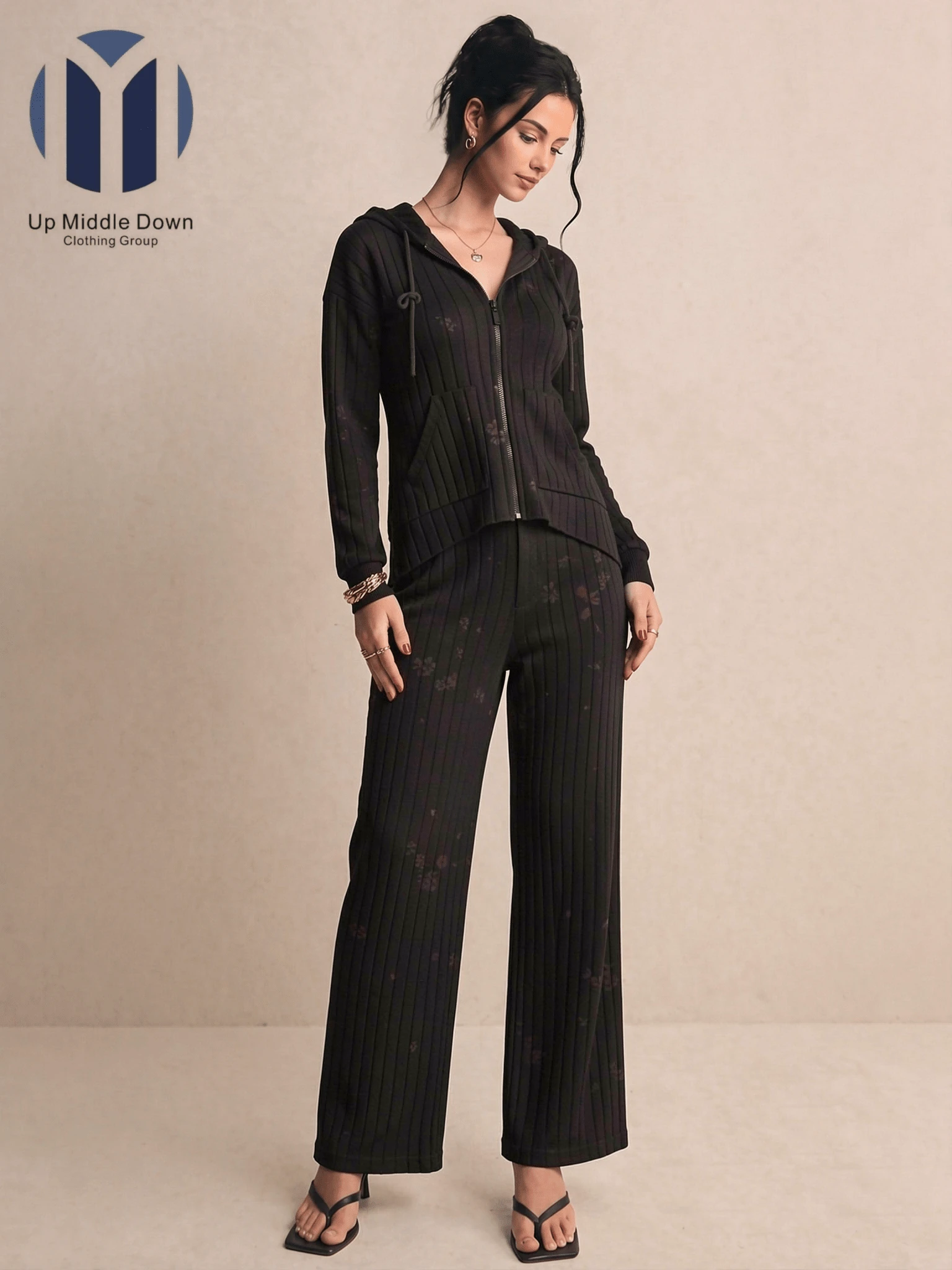 Women's Two-Piece Set: Hoodie And Wide-Leg Ribbed Pants - Ideal For Spring And Casual Wear - Black - View 1