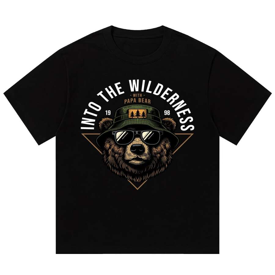 Boy's Short Sleeve T-Shirt With Bear Ranger Illustration Print For Men And Couples, American Retro Style, Loose Fit And Thick Fabric - 黑色 - 查看 1