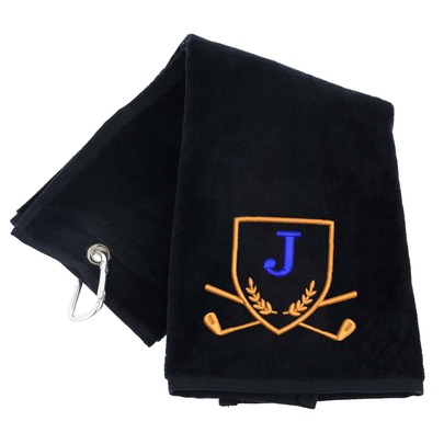AlwaysLookingGood Always Looking Good Golf Towel With Monogrammed Embroidery Initial Letter Luxury Velour 50cm X 40cm Custom Embroidered Black Golf Towel With Carabiner Clip Gift - Golf Gifts For Men