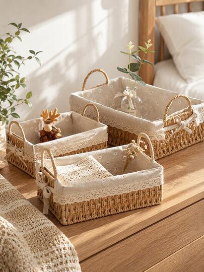 2pcs/Set Rattan Woven Desktop Storage Basket, Household Coffee Table Paper Rope Storage Box For Cosmetics, Remote Control, And Other Sundries Organization