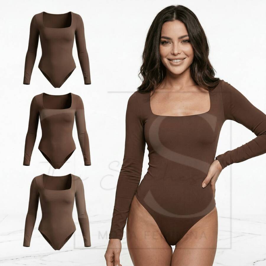 Kit 3 Women's Bodysuit Square Neckline Long Sleeve Suplex Lined Premium Elegant - 棕色 棕色 棕色 - 查看 1