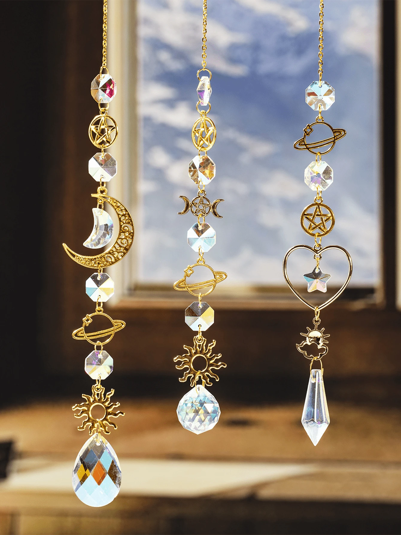 3pcs Galaxy Star & Moon Crystal Hanging Decor, Outdoor Garden Solar Wind Chime - Color - View 1
