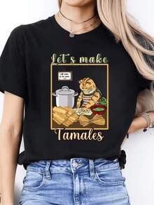Un gato cocinando tamales junto a una olla y hojas de maíz transmite calidez tradición mexicana y alegría hogareña perfecta para amantes de la cocina camiseta de mujer casual cómoda para uso diario - Negro - Ver 1