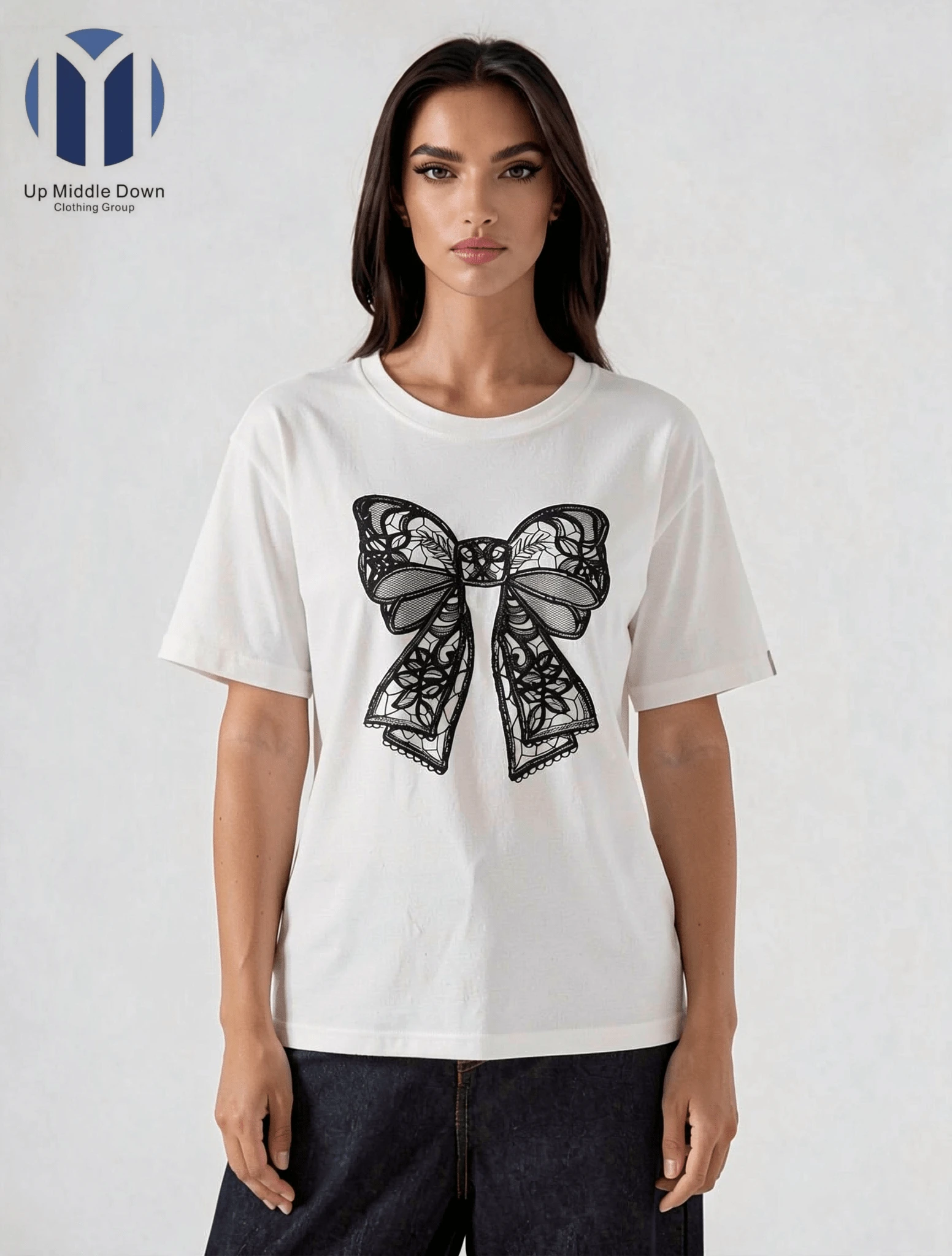 Playera Casual de Manga Corta para Mujer con Estampado de Moño Estilo Encaje - Ideal para Verano - Blanco - Ver 1