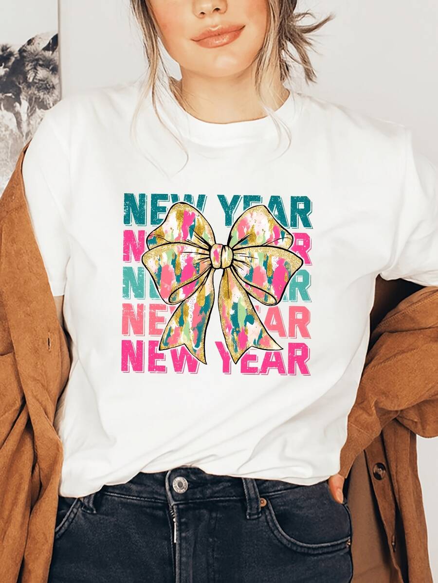 Premium Women's White New Year's Themed T-Shirt With A Colorful Bow Design, Short Sleeves, Round Neck, Casual Style, Suitable For Spring And Summer Celebrations, Fun Printed T-Shirt, Stretchy, Fabric. - 白色 - 查看 1