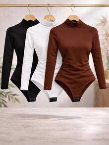 Women's Long Sleeve Bodysuit, Sizes P To G5, Elegant Plus Size Blouse, Autumn/Winter Bodysuit - 2件棕白相間的長袖連身衣 - 查看 2