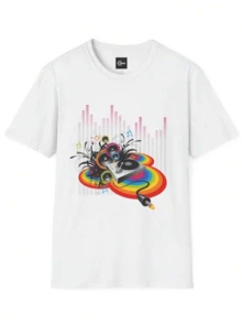 Energía vibrante con tocadiscos que emite ondas multicolor y altavoces rodeados de destellos que evocan música y movimiento camiseta de mujer moderna para amantes del arte urbano y sonido retro - Blanco - Ver 8