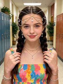 Chaîne de tête de luxe, coiffe de mariage de style bohème à la mode, coiffe dorée, bijoux pour fille - Multicolore - Voir 7