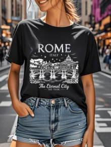 Puente histórico sobre el río acompañado de aves en vuelo y edificios clásicos que evocan la antigua Roma símbolo de belleza eterna y cultura monumental camiseta de mujer cómoda y moderna - Negro - Ver 6