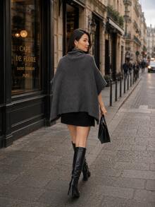 Women's High-Neck Knit Coat, Cape Style, Ideal For Autumn And Winter Looks, Perfect For The Blogger Style. High In The Front And Low In The Back. Pointelle Knit. - Dark Grey - View 3