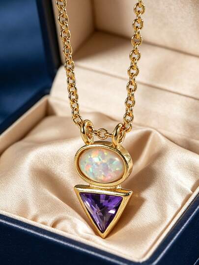 Women's Gold-Plated Opal & Amethyst Crystal Pendant Necklace, Minimalist Retro Style, Suitable For Daily Commute And Workwear, An Ideal Gift For Fashion Enthusiasts