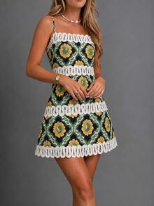 Floral Print Mini Dress Spaghetti Strap Lace Trim A Line Dress Cute Summer Outfit For Women - Green - View 5