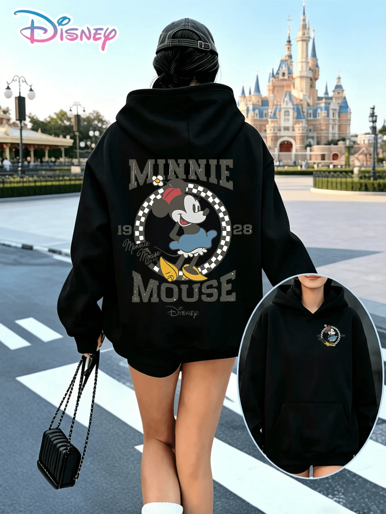 Disney Vintage Checkerboard Mickey Minnie Mouse 1928 Printed Unisex Hoodie With "Mickey Mouse" Slogan. A Relaxed, Casual, And Versatile Top, Perfect For Holiday Gifting. (Unisex Autumn/Winter Clothing/Elegant Casual Outfits/Patterned Hoodies/Printed Tops/Casual Outfits For Retro‑Style Daily Wear) - màu đen - Xem 1