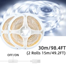 3-100英尺一键按钮式5V USB白色LED灯条，粘贴式安装，可裁剪，适用于橱柜下方，可用于厨房、卧室、墙面装饰、书房、阅读区、画廊、商店和家居装饰 - 白光 - 查看 13