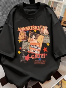 Adorable Cats Surrounded By Stars That Transmit Positive Energy And Fun With Colorful Words That Evoke Tenderness And Charisma. Women's Casual, Modern And Comfortable T-Shirt For Everyday Wear - 黑色 - 查看 8