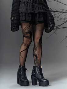 1 Pair Snake Skin Mesh Stockings, Suitable For Halloween - Black - View 3