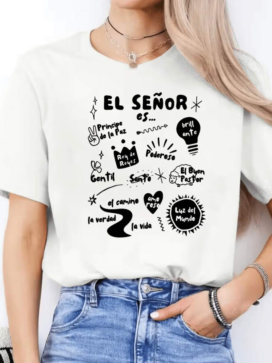 Símbolos positivos que representan paz poder amor verdad y luz del mundo con mensajes inspiradores para transmitir esperanza y alegría camiseta de mujer casual cómoda para uso diario - Blanco - Ver 1