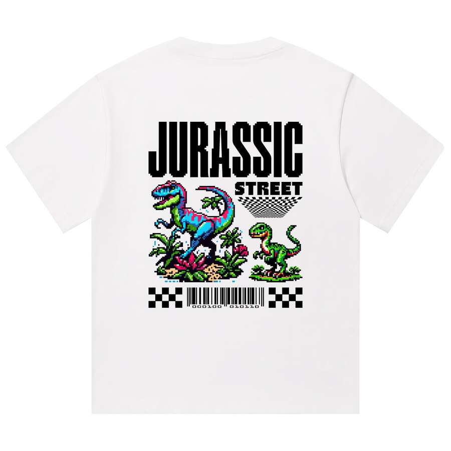 Boy Camiseta De Manga Corta De Estilo Retro Americano, Resistente, Unisex, Con Estampado De Dinosaurios JuráSicos. - Blanco - Ver 1