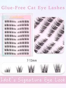 FindLove 100 Clusters Natural Pre-Glued Cat Eye Eyelash Extensions, Self-Adhesive Fluffy 7-13mm Mixed Length, No Glue Needed, Reusable Long-Lasting DIY Eyelash Extensions, Makeup Tool Gift For Women And Girls - C - View 2