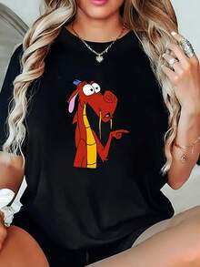 1 Camiseta de mujer con diseño de dragón de dibujos animados, 180g de mezcla de algodón, estampado Mushu en blanco y negro de alta calidad, cuello redondo, corte holgado básico, lavable a máquina, cómoda, versátil, tallas S ~ 3XL, ideal para uso diario casual - Negro - Ver 1