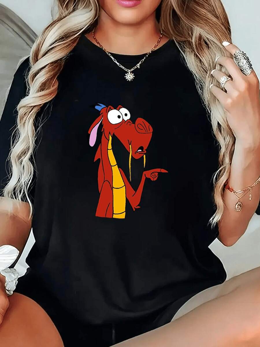 1 Camiseta de mujer con diseño de dragón de dibujos animados, 180g de mezcla de algodón, estampado Mushu en blanco y negro de alta calidad, cuello redondo, corte holgado básico, lavable a máquina, cómoda, versátil, tallas S ~ 3XL, ideal para uso diario casual - Negro - Ver 1