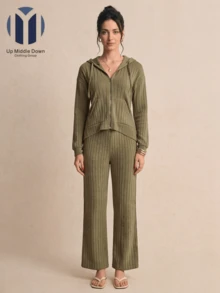Conjunto de Dos Piezas para Mujer: Sudadera con Gorro y Pantalón Wide Leg de Canalé - Ideal para Primavera y Casual - Verde Oliva - Ver 5