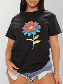 Flor multicolor que simboliza alegría energía y renovación mostrando pétalos en tonos vivos que evocan optimismo y naturaleza con toque artístico moderno camiseta de mujer casual cómoda para uso diario - Negro - Ver 6