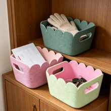 3pcs Felt Storage Baskets With Wavy Rim And Handles Cosmetics Miscellaneous Items Home Organization Decorative Container Bedroom Living Room Closet Fabric Basket Set - Multicolor - View 3