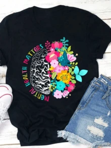 Mitad de cerebro con flores coloridas simbolizando el equilibrio entre razón y emociones mostrando la importancia del bienestar mental y la armonía interior camiseta de mujer casual moderna cómoda para uso diario - Negro - Ver 8