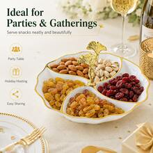 1pc Elegant Gold Rim 4-Compartment Dessert Plate, PS Plastic Divided Fruit Tray With Ginkgo Leaf Handle, Home Gathering Candy & Nut Serving Dish - Multicolor - View 9