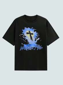 Radiant Cross Among Blue Clouds Symbolizing Hope, Faith, Inner Strength And Personal Growth With An Inspiring Luminous Effect, Ideal For Those Seeking Spiritual Motivation And Casual Style. Modern, Comfortable Men's T-Shirt For Everyday Wear. - 黑色 - 查看 1