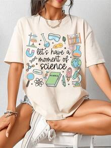 Símbolos coloridos de experimentos científicos que inspiran curiosidad con microscopios libros átomos y probetas representando el amor por el conocimiento y la creatividad camiseta de mujer casual cómoda para uso diario - Blanco - Ver 8