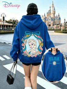 Disney Frozen Elsa Bow Pearl Floral Framed Printed Hoodie With "Elsa Arendelle EST.2013" Slogan. A Relaxed, Casual, And Versatile Top, Perfect For Holiday Gifting. (Women's Autumn/Winter Clothing/Elegant Women's Outfits/Patterned Hoodies/Printed Tops/Casual Outfits For Ice‑Princess‑Themed Daily Wear) - Màu xanh lam - Xem 1