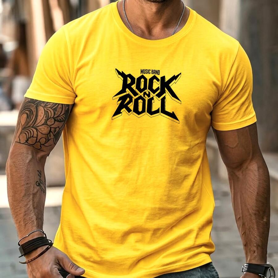 Men's Streetwear T-Shirt With Printed ROCK AND ROLL Music Band Design, Basic Style, Premium Fabric, For Everyday Wear. - Amarillo - Ver 1