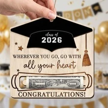 创意2026毕业季礼物木质钱夹，毕业帽图案设计，适合毕业派对装饰、毕业礼物、送给朋友的毕业礼物 - 彩色 - 查看 1