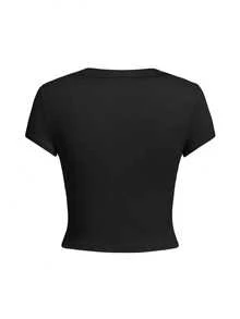 Playera manga corta para mujer estilo europeo y americano 2026, corte holgado cómodo con estampado sencillo, fresca para verano, diseño bonito y versátil para uso diario y cualquier ocasión QQWT - Negro - Ver 6
