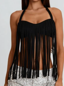 Womens Western Cowgirl Fringe Top Country Concert Outfits Festival Tassel Hem Open Back Boho Rodeo Camisole Summer Rave Tank Shirt - Black - View 2